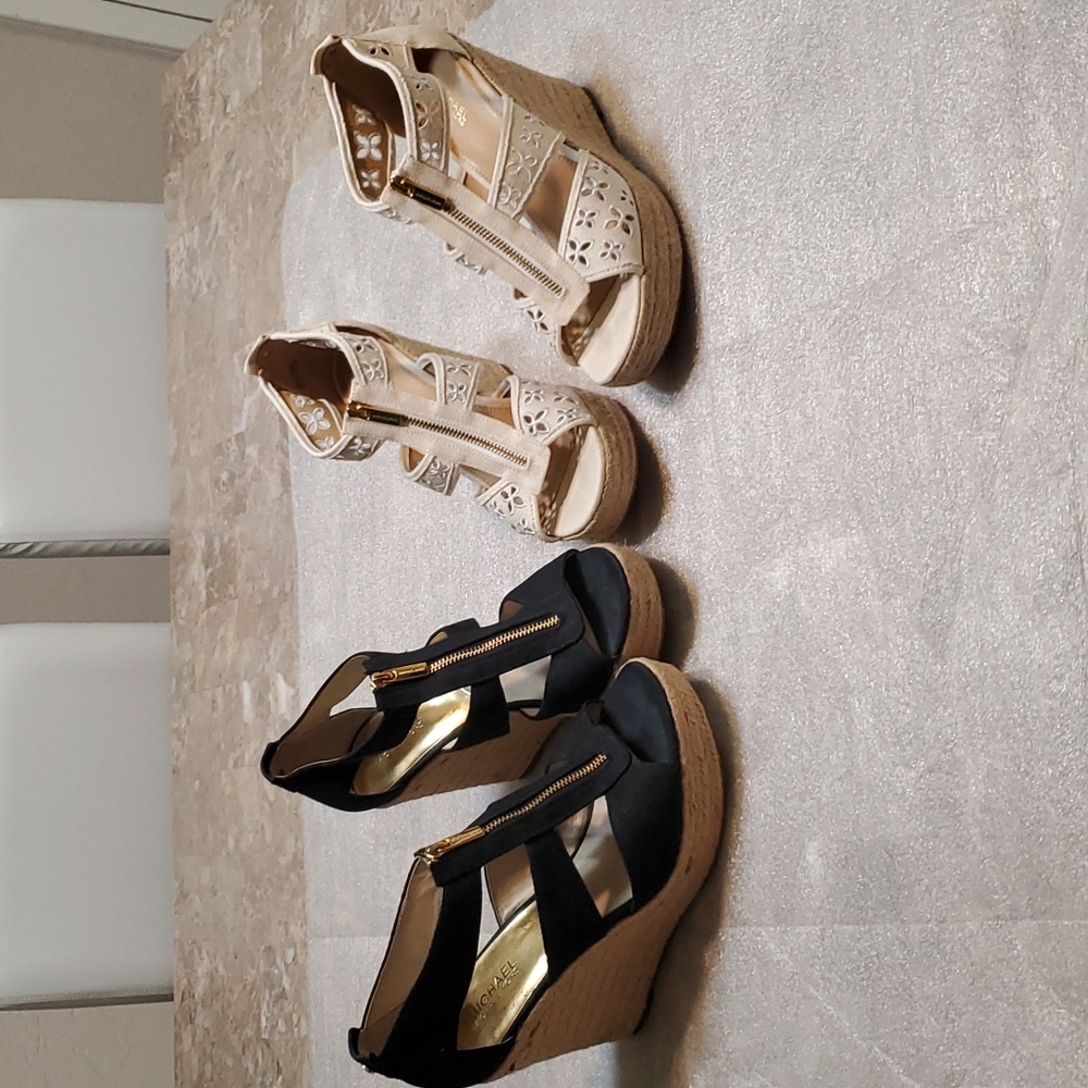 Lot of 2 pairs Michael Kors wedge heeled sandals black white ivory lace tan 10